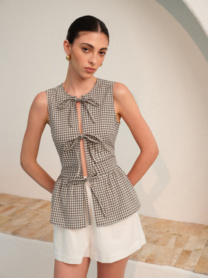 Ekose Desenli Önden Bağlamalı Peplum Bluz