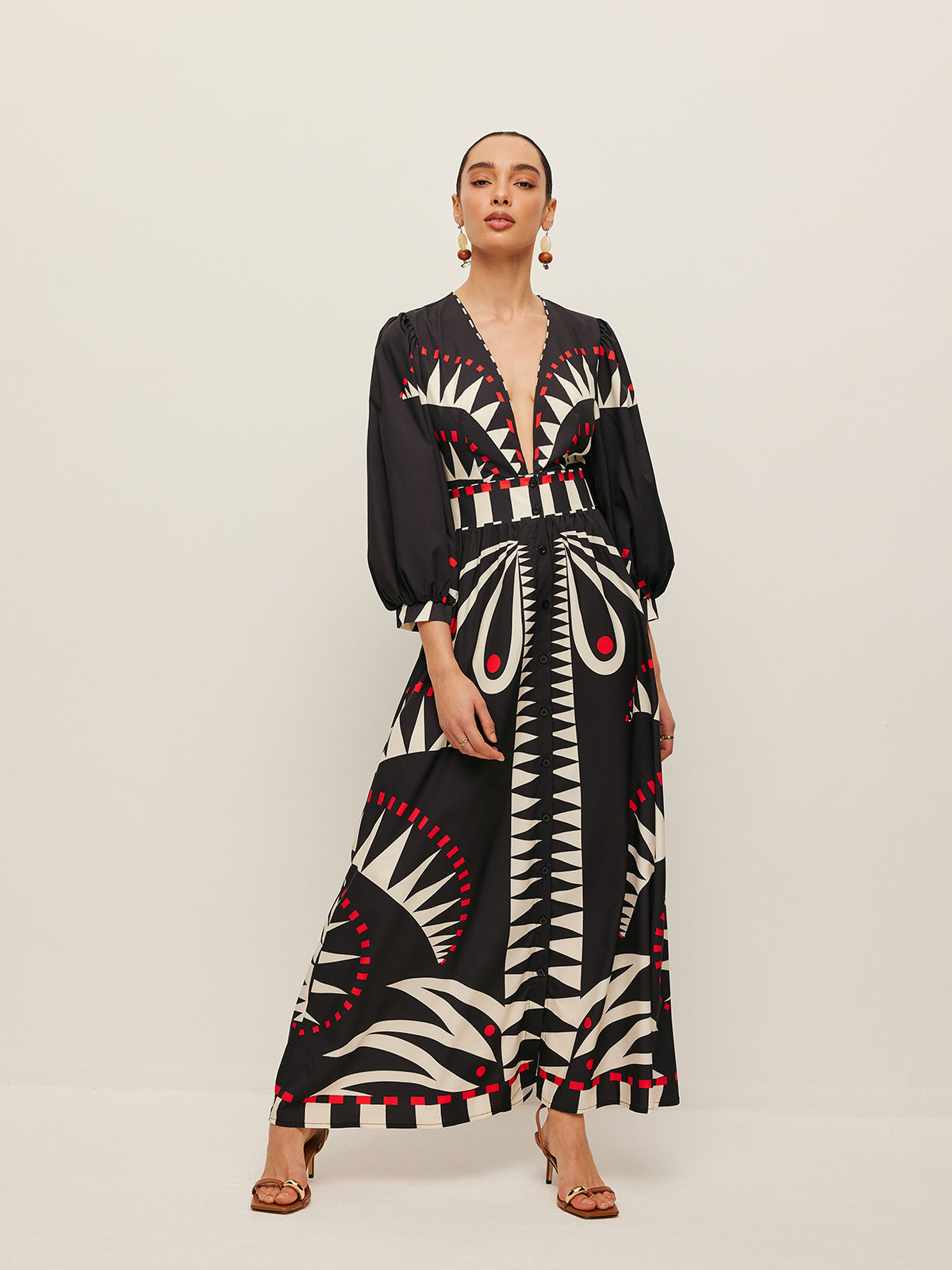 Boho Desenli V Yaka Yırtmaçlı Elbise