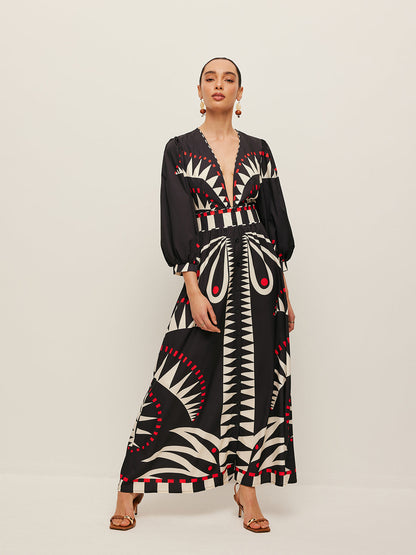 Boho Desenli V Yaka Yırtmaçlı Elbise