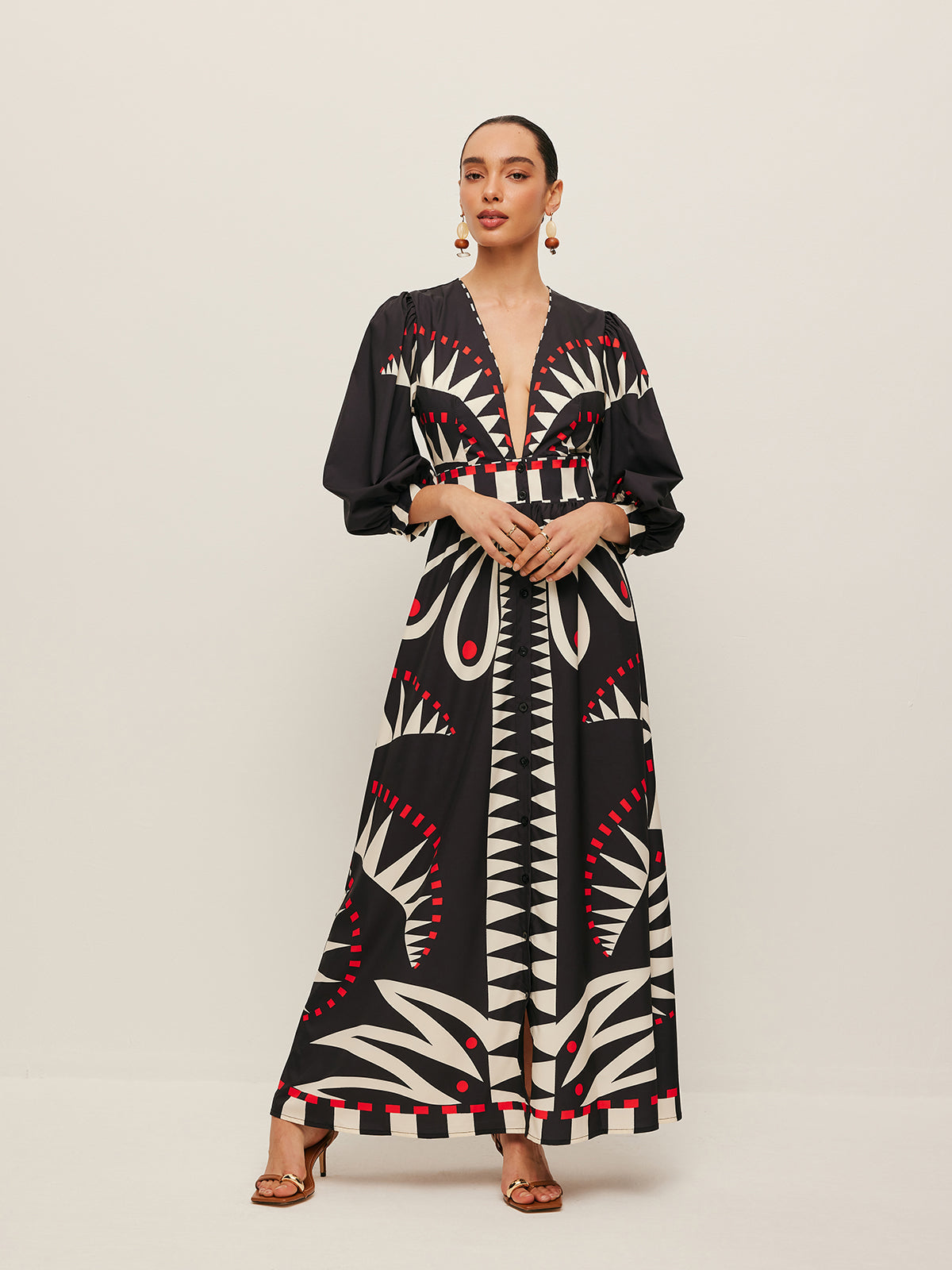 Boho Desenli V Yaka Yırtmaçlı Elbise