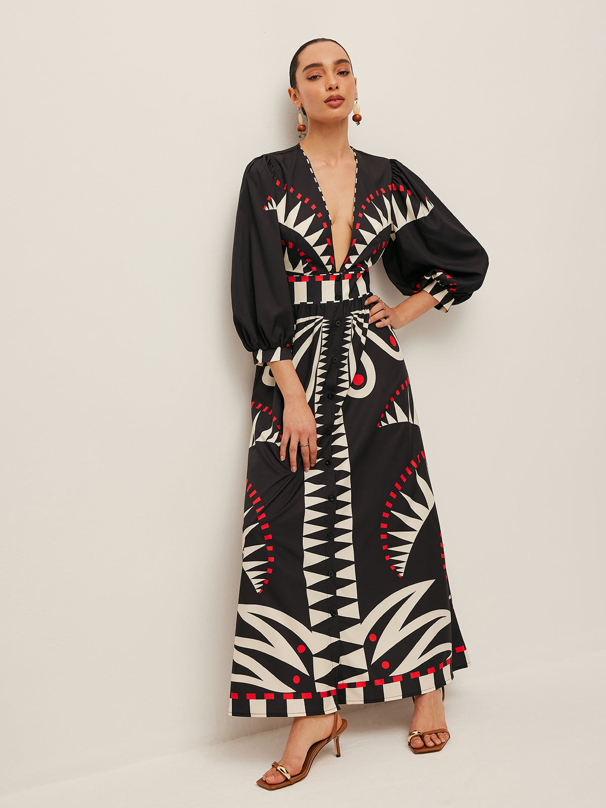 Boho Desenli V Yaka Yırtmaçlı Elbise
