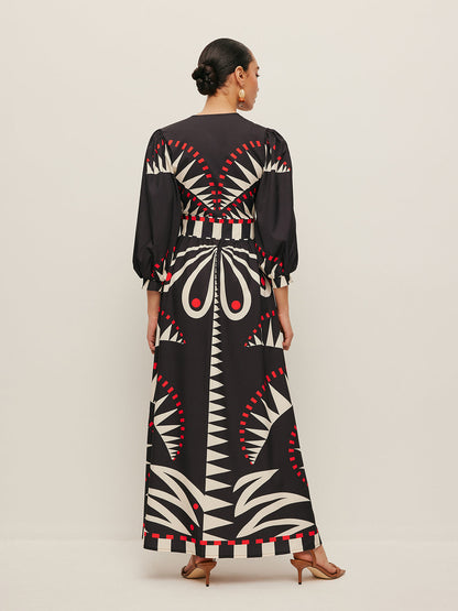 Boho Desenli V Yaka Yırtmaçlı Elbise
