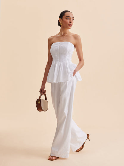Pamuklu Pileli Askısız Peplum Bluz
