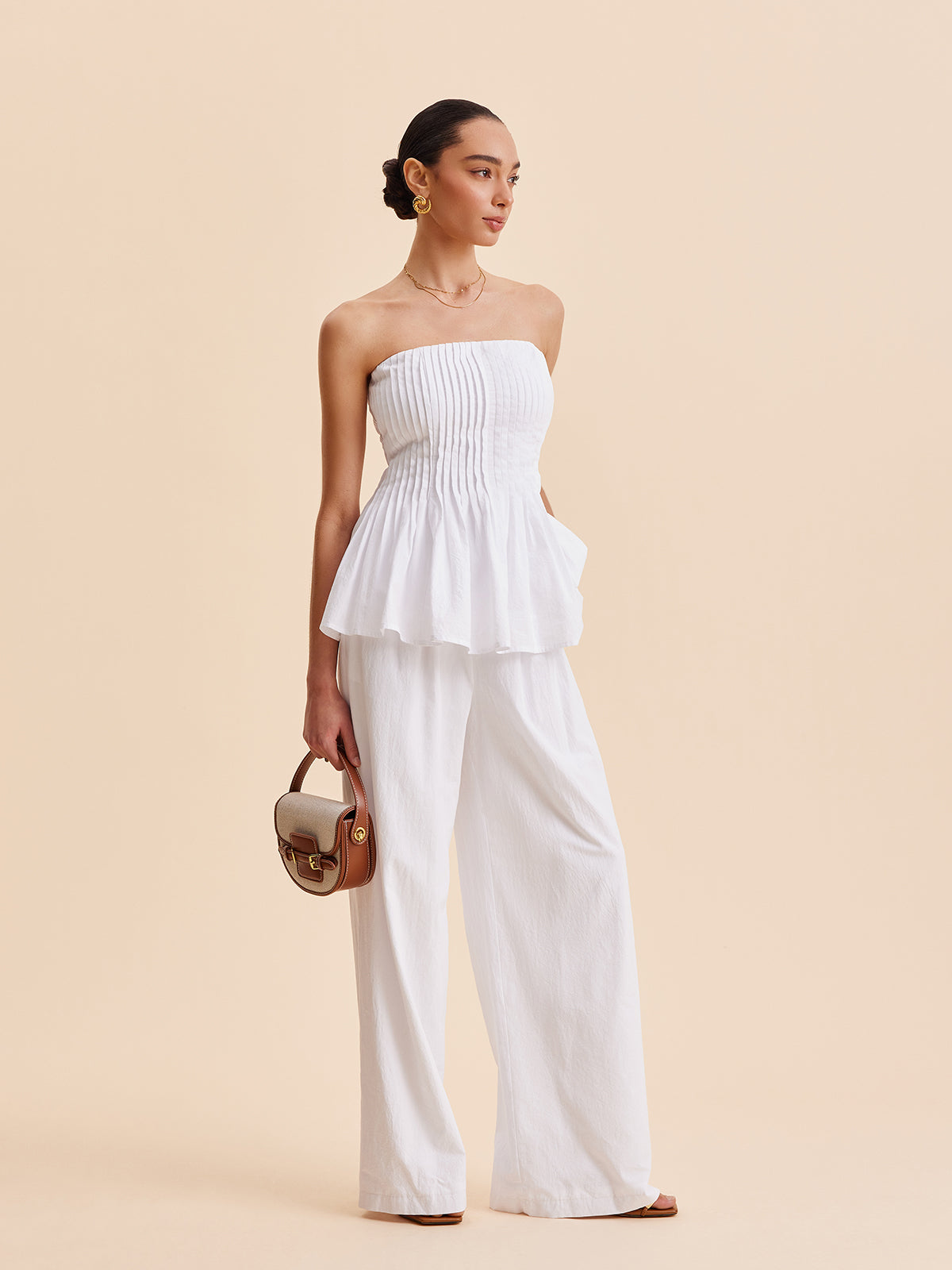 Pamuklu Pileli Askısız Peplum Bluz