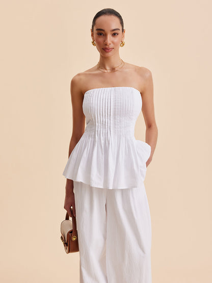 Pamuklu Pileli Askısız Peplum Bluz