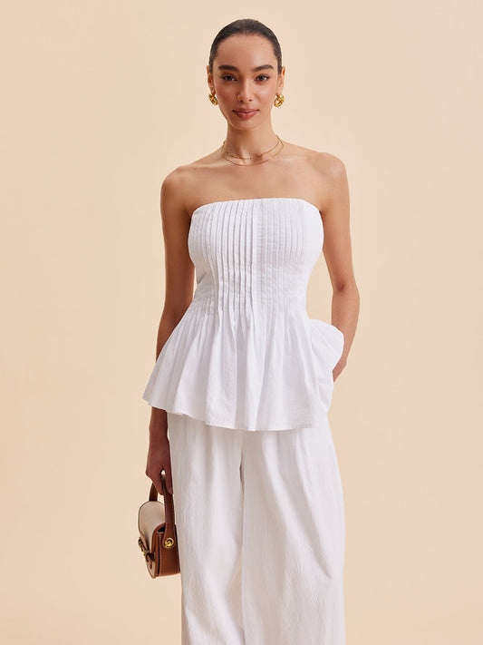 Pamuklu Pileli Askısız Peplum Bluz