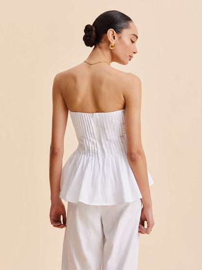 Pamuklu Pileli Askısız Peplum Bluz