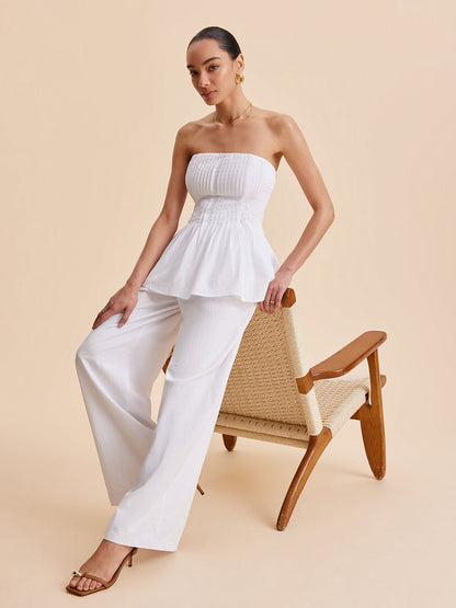 Pamuklu Pileli Askısız Peplum Bluz