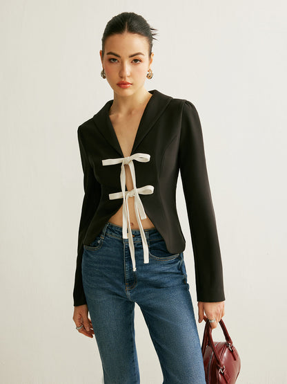 V Yakalı, Önü Bağlamalı Blazer Ceket