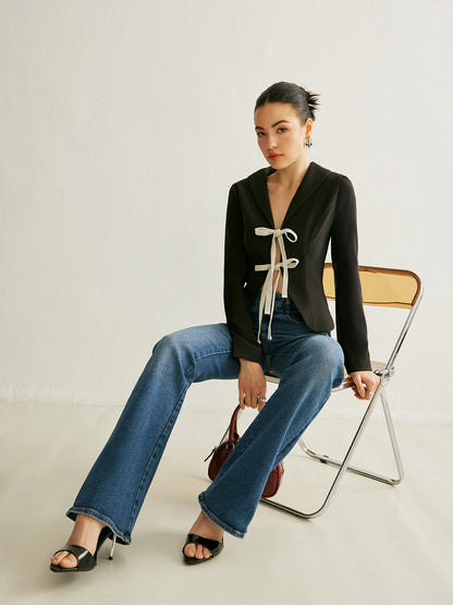 V Yakalı, Önü Bağlamalı Blazer Ceket