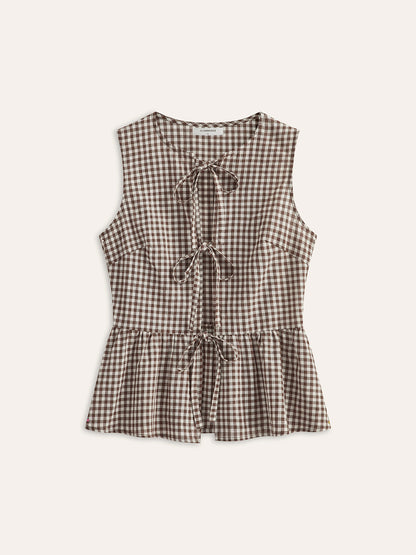 Ekose Desenli Önden Bağlamalı Peplum Bluz
