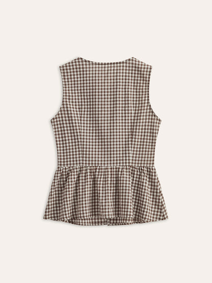 Ekose Desenli Önden Bağlamalı Peplum Bluz