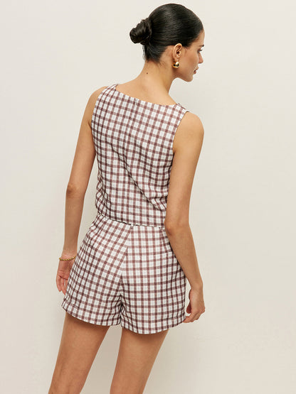 Kareli Kolsuz Crop Top Ve Şort Takımı