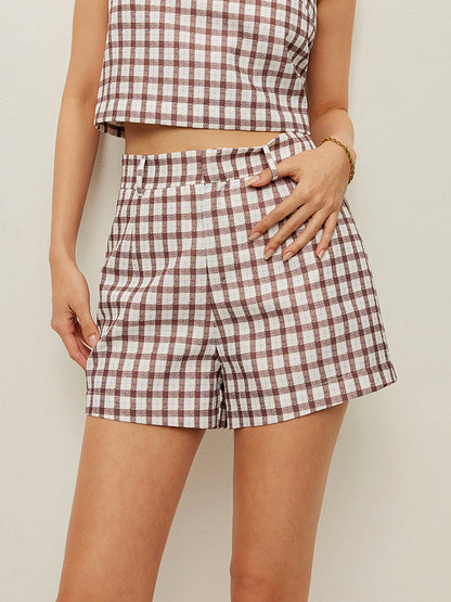 Kareli Kolsuz Crop Top Ve Şort Takımı
