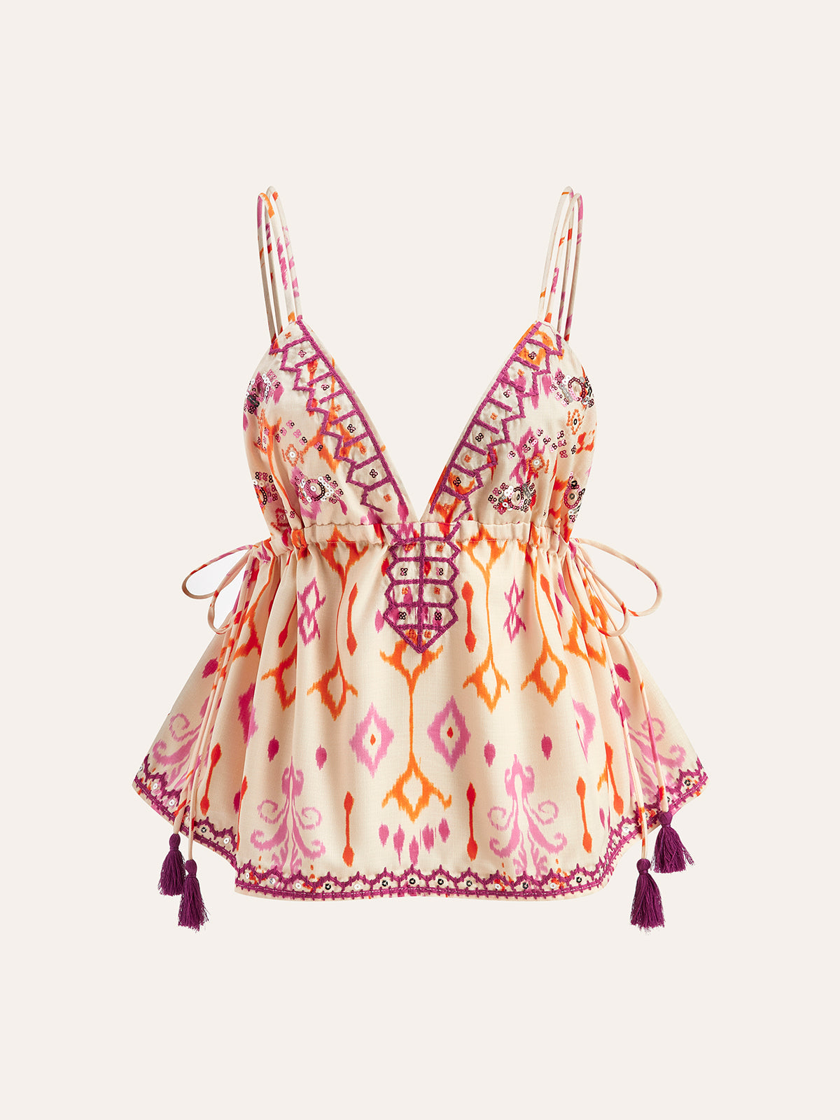 İşlemeli Boho Püsküllü Bağlamalı Askılı Bluz