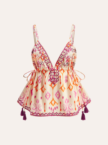 İşlemeli Boho Püsküllü Bağlamalı Askılı Bluz