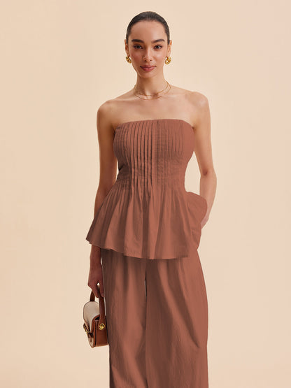 Pamuklu Pileli Askısız Peplum Bluz