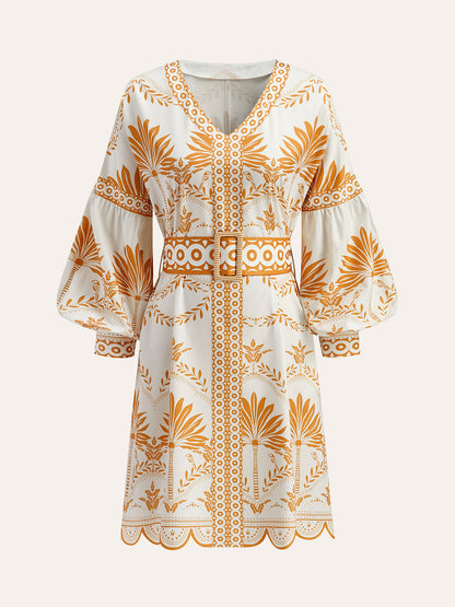 Boho Desenli V Yaka Kemerli Elbise