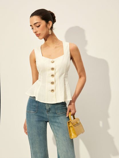 Kare Yakalı, Düğmeli, Peplum Detaylı Bluz
