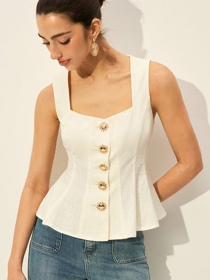 Kare Yakalı, Düğmeli, Peplum Detaylı Bluz
