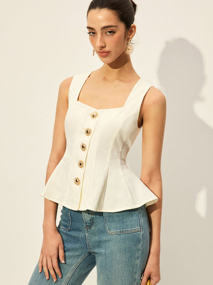 Kare Yakalı, Düğmeli, Peplum Detaylı Bluz