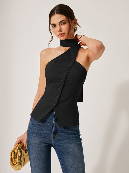 Dekoratif Cepli Pamuk Ve Keten Askılı Bluz