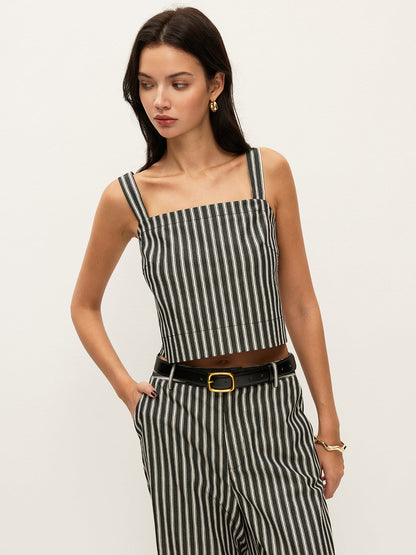 Kare Yakalı İnce Çizgili Kolsuz Bluz