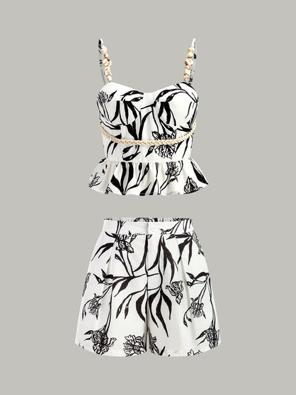 Çiçek Desenli Peplum Bluz Ve Şort Takımı