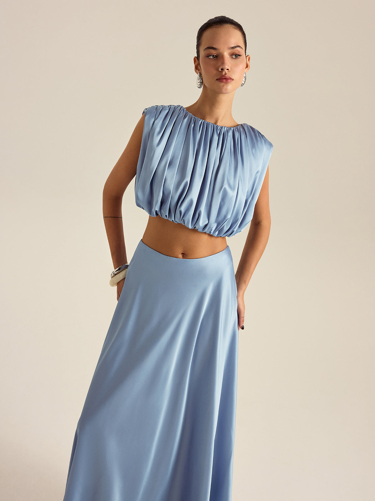 Büzgülü Crop Top Etek Takımı