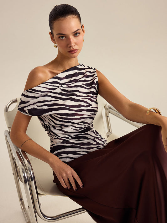 Zebra Desenli Omuzları Açık Bluz