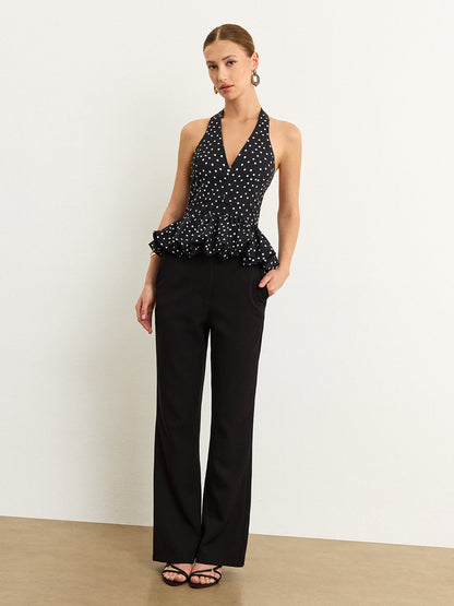 Puantiyeli Askılı Peplum Bluz