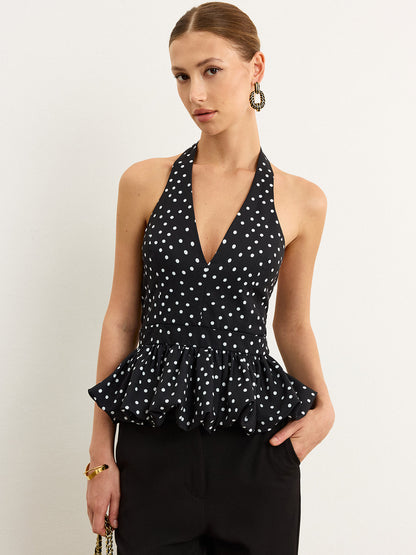 Puantiyeli Askılı Peplum Bluz