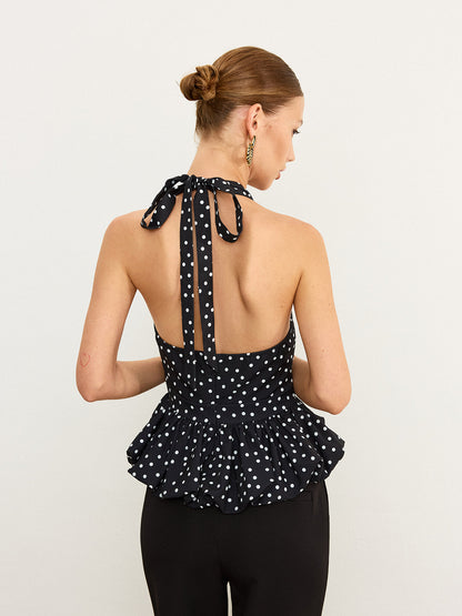 Puantiyeli Askılı Peplum Bluz