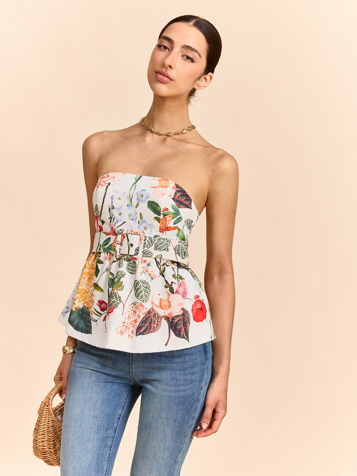 Çiçek Desenli, Askısız, Kemerli Peplum Bluz