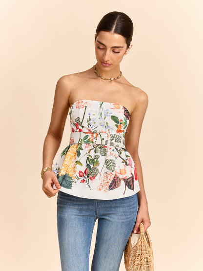 Çiçek Desenli, Askısız, Kemerli Peplum Bluz