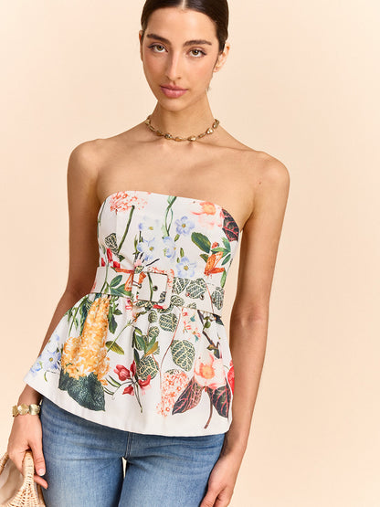 Çiçek Desenli, Askısız, Kemerli Peplum Bluz