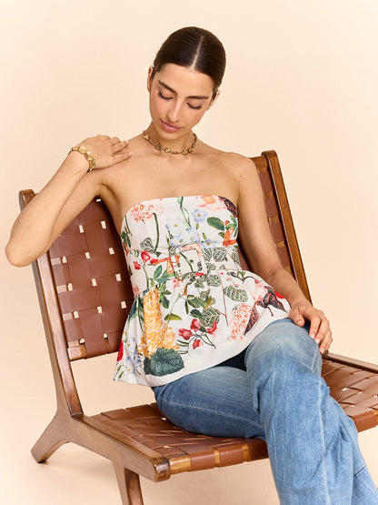 Çiçek Desenli, Askısız, Kemerli Peplum Bluz