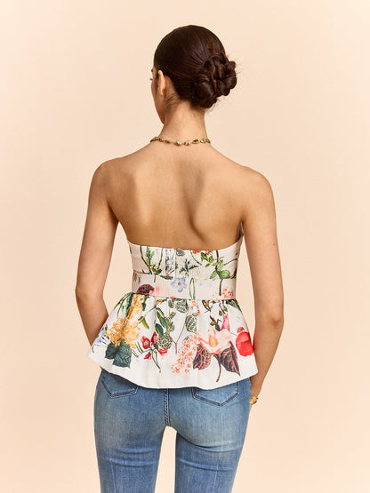 Çiçek Desenli, Askısız, Kemerli Peplum Bluz