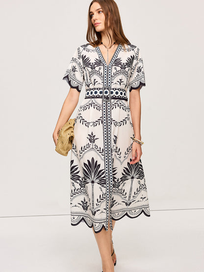 Boho Çiçek Desenli V Yaka Midi Elbise