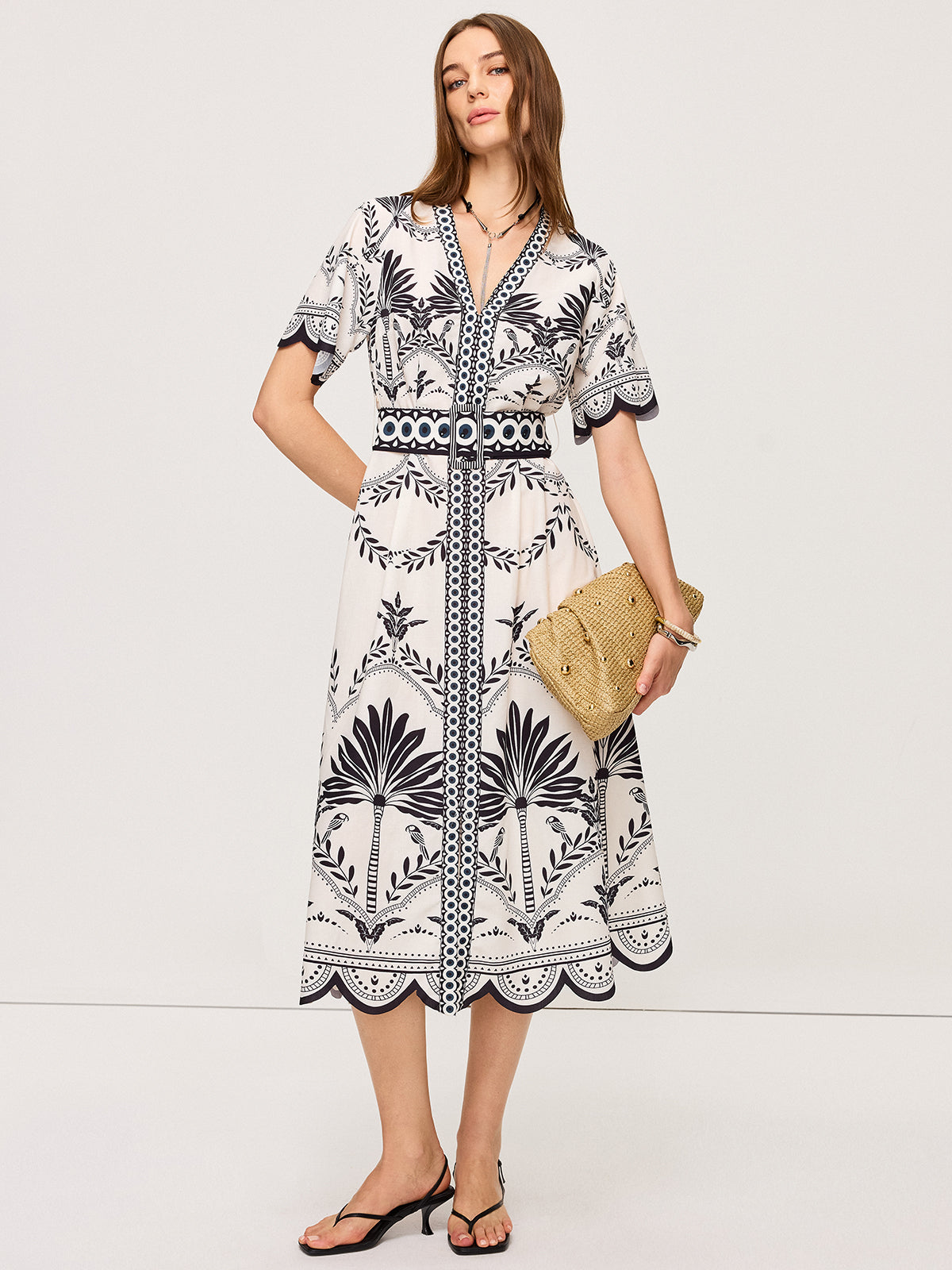 Boho Çiçek Desenli V Yaka Midi Elbise