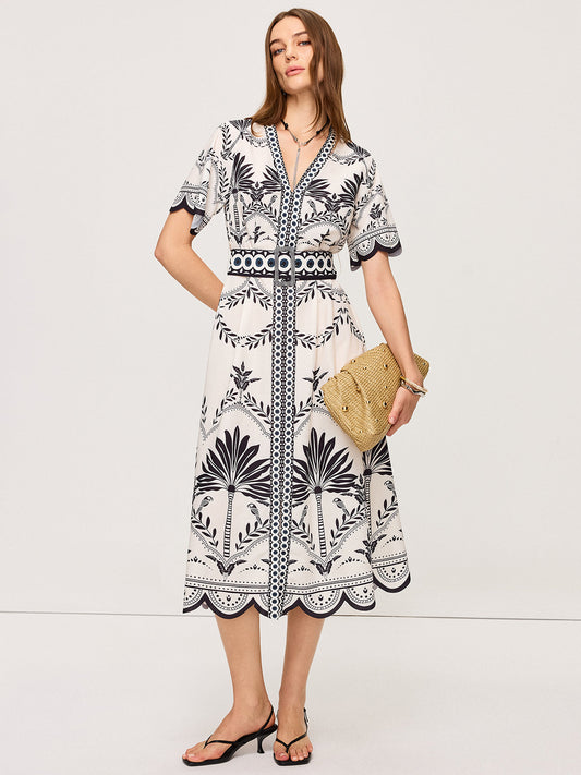 Boho Çiçek Desenli V Yaka Midi Elbise