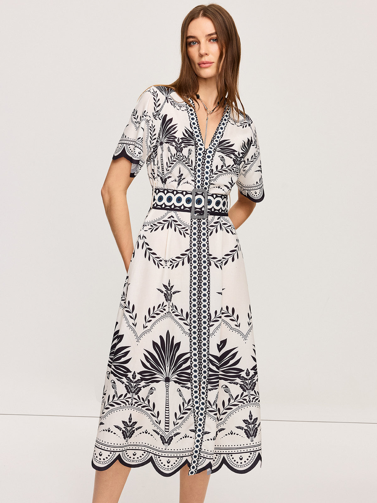 Boho Çiçek Desenli V Yaka Midi Elbise