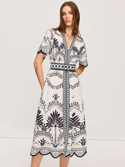 Boho Çiçek Desenli V Yaka Midi Elbise