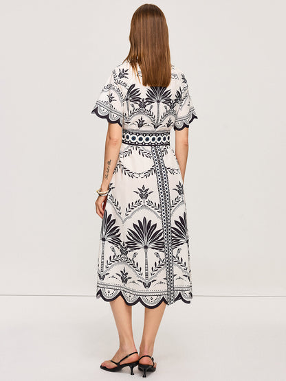 Boho Çiçek Desenli V Yaka Midi Elbise