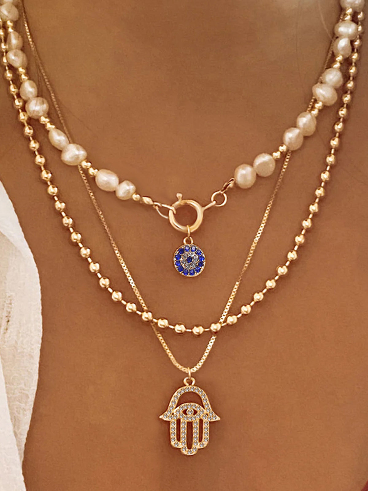 İnci Ve Hamsa Eli Çok Katmanlı Kolye Seti
