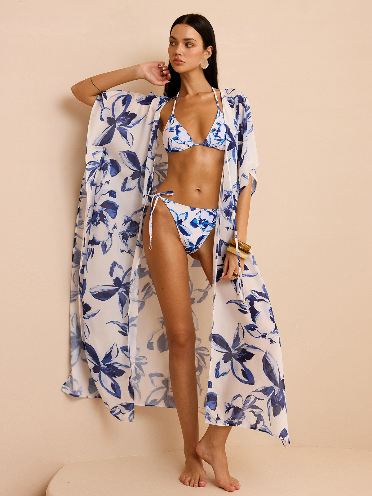 Önden Bağlamalı, Şeffaf Çiçek Desenli Kimono Tarzı Örtü.