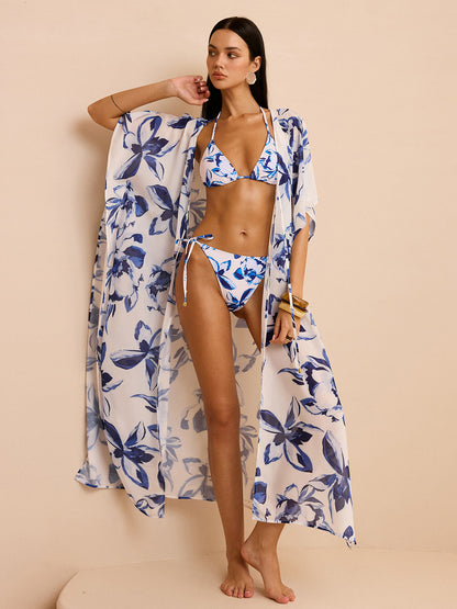 Önden Bağlamalı, Şeffaf Çiçek Desenli Kimono Tarzı Örtü.