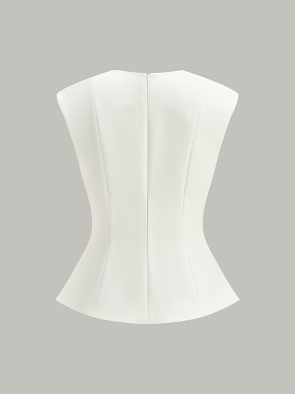 Metal Düğmeli, Kolsuz, Peplum Bluz