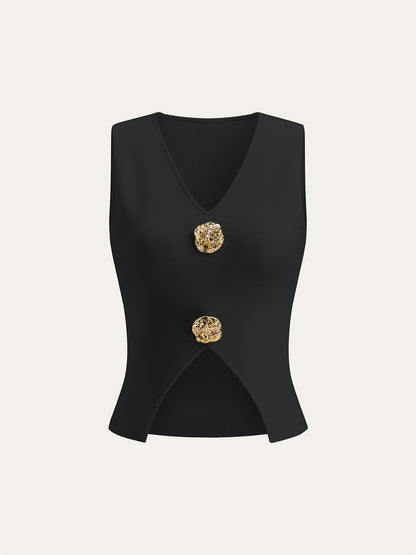 Metal Detaylı V Yaka Yırtmaçlı Süveter Yelek