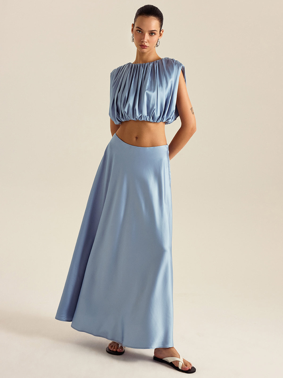 Büzgülü Crop Top Etek Takımı